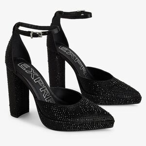 EXPRESS RHINESTONE BEDAZZLED CLOSED POINTED PLATFORM PUMPS BLACK NIB 8 GLAM